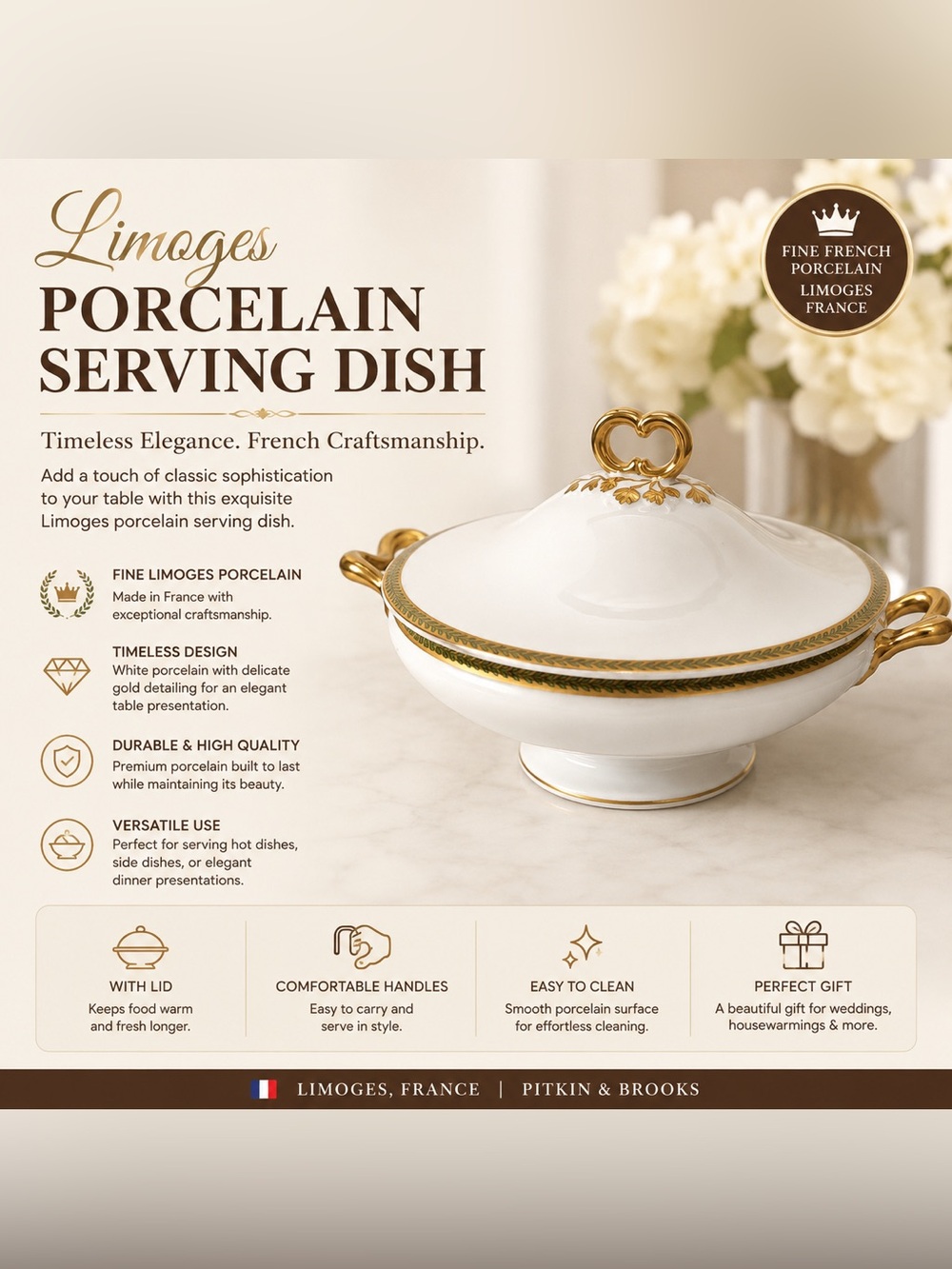 White and Gold Limoges Porcelain Serving Dish with Lid w/ small chip AS IS